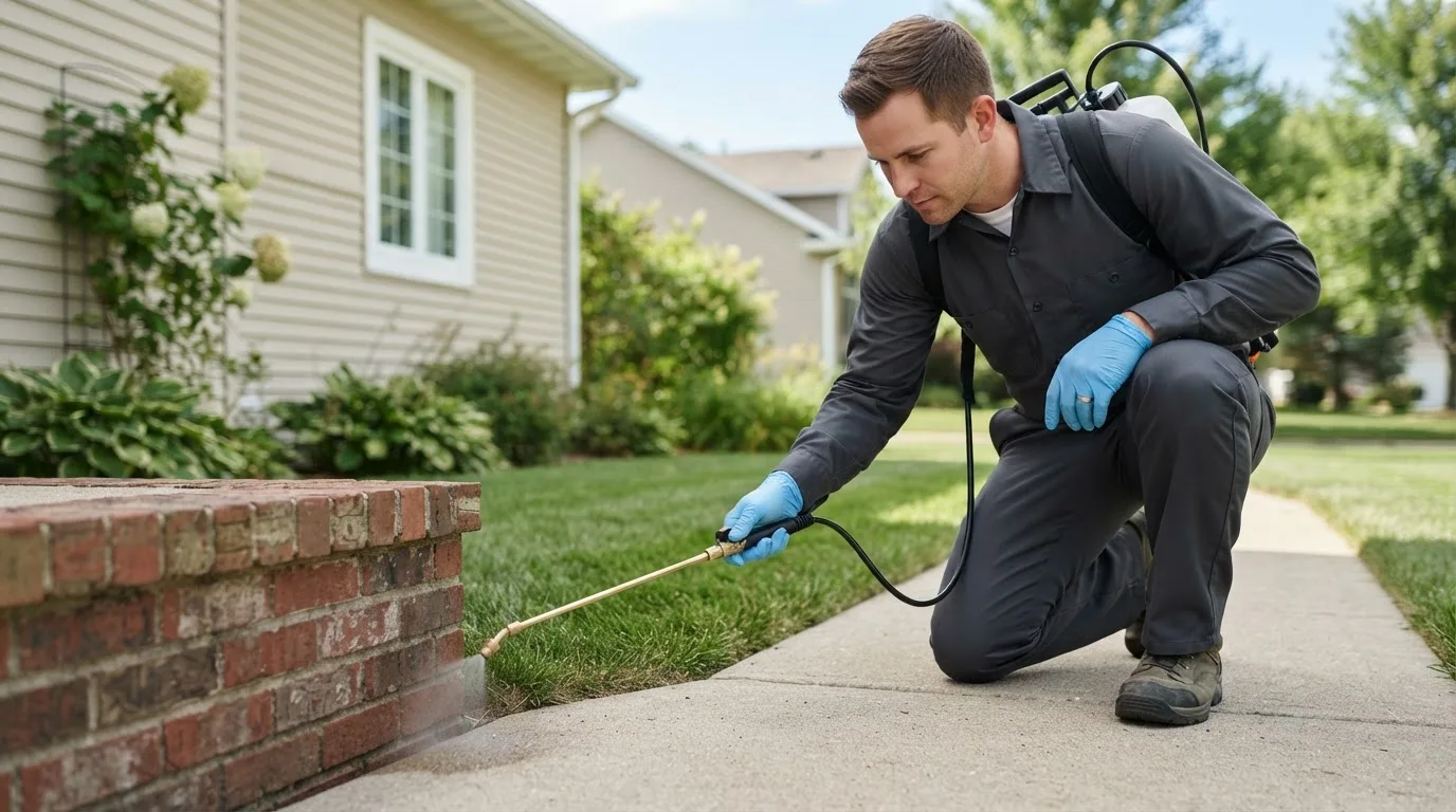 Pest control technician treating a home near Coatsville, MO