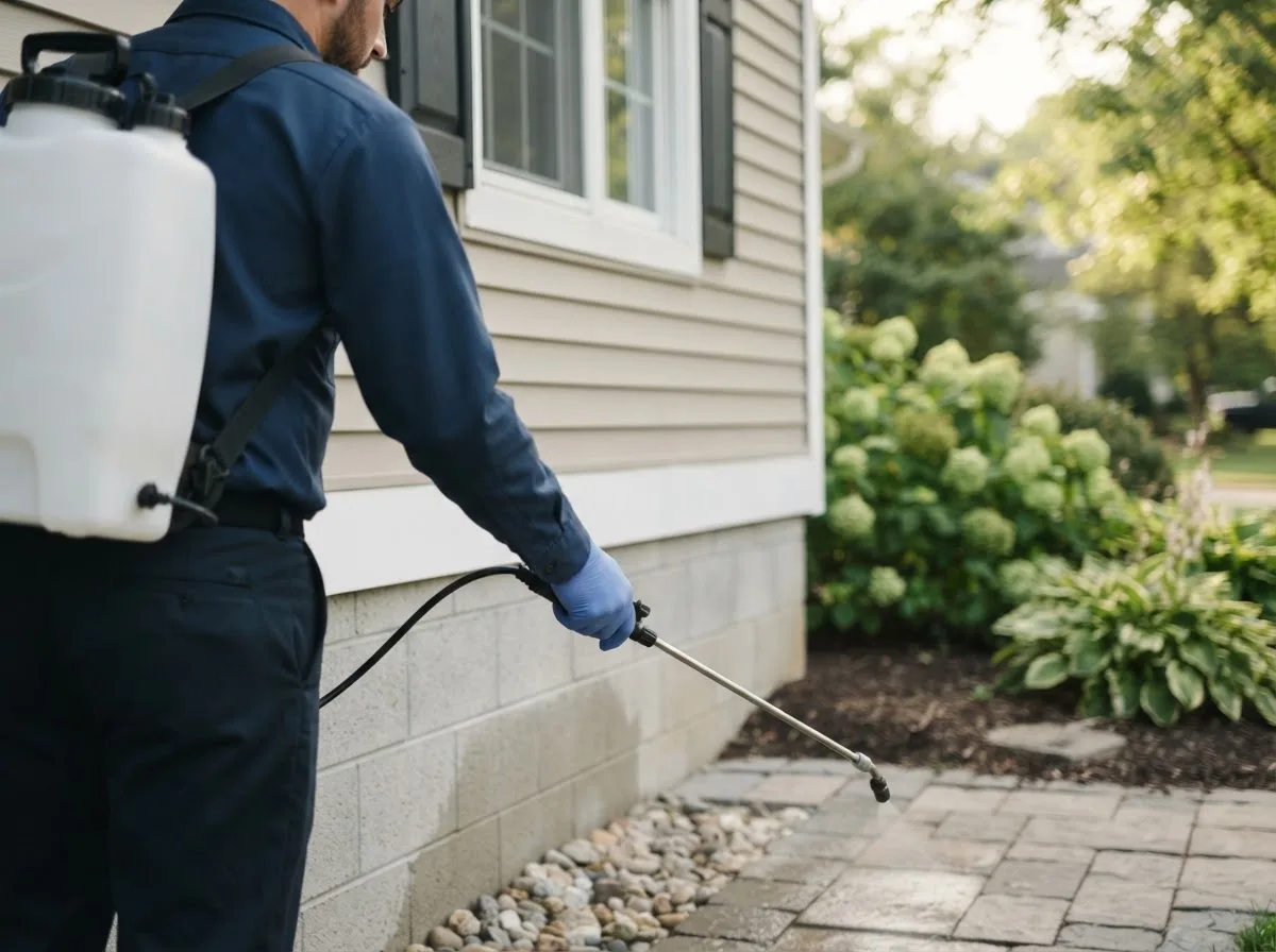 Pest control technician inspecting a home in Coatsville, MO